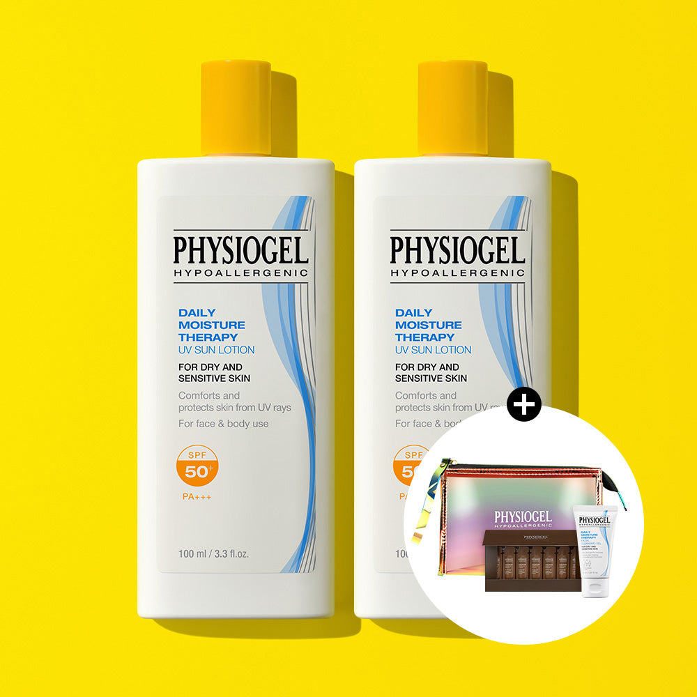 Physiogel DMT Daily Moisture Therapy UV Sun Lotion 100ml x2 + Free Cleansing Gel 30ml DailyMune Ampoule 7-Pack & Pouch
