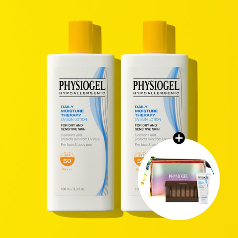 Physiogel DMT Daily Moisture Therapy UV Sun Lotion 100ml x2 + Free Cleansing Gel 30ml DailyMune Ampoule 7-Pack & Pouch