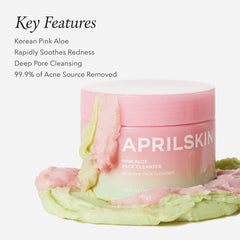 APRILSKIN pink aloe pack cleanser with key features listed on a white background