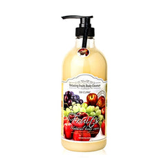 Body cleanser bottle with fruit-themed label on a white background
