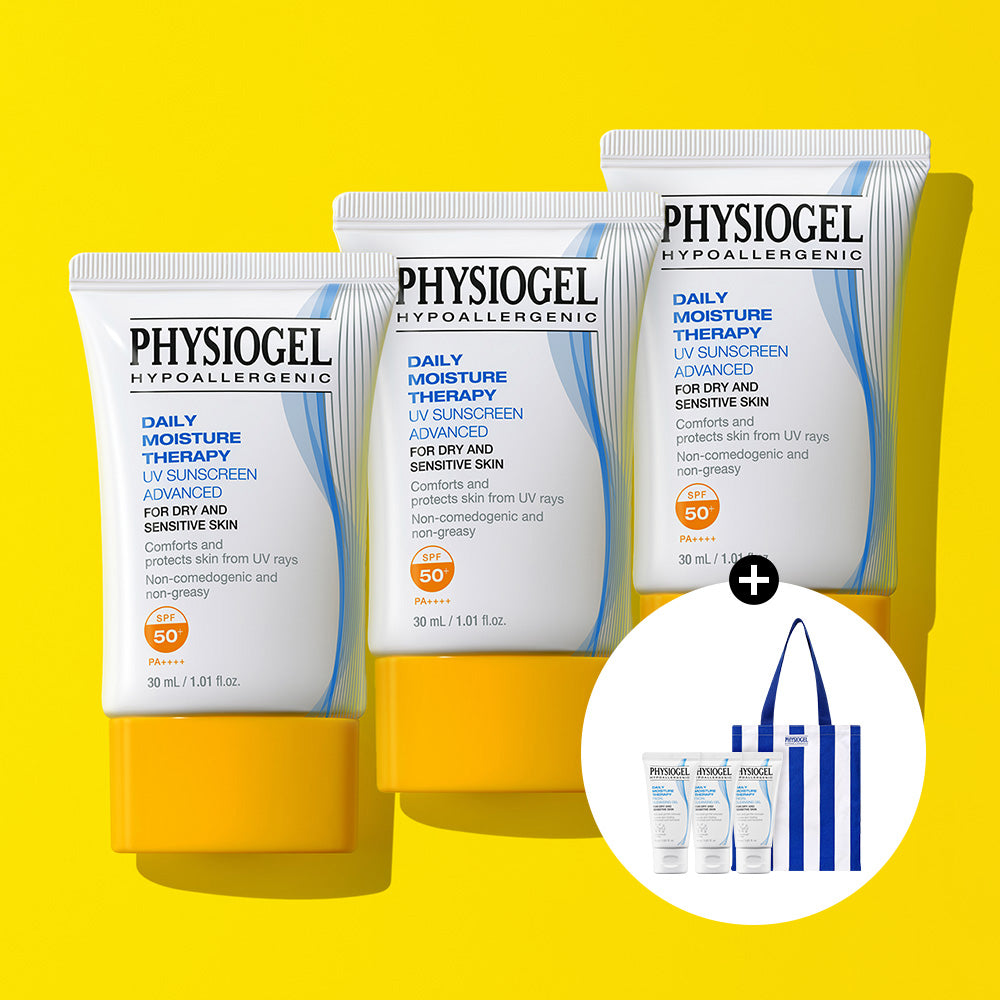 Physiogel Daily Moisture Therapy UV Sunscreen Advanced 50ml x3 Set with DMT Cleansing Gel 30ml x3 & Eco Bag