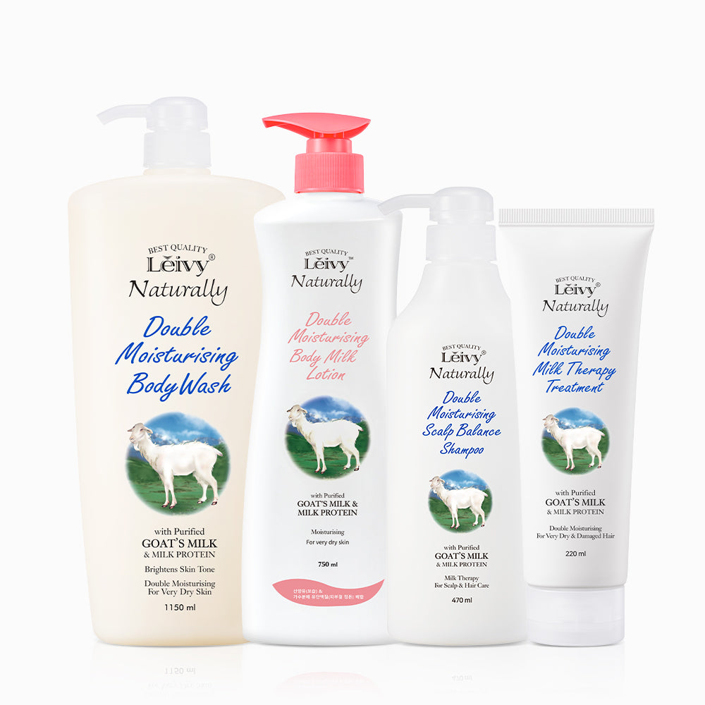Leivy Goat Milk 4-Piece Set: Shampoo 470ml, Treatment 220ml, Body Wash 1150ml, Body Lotion 750ml