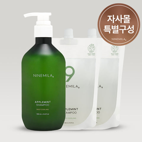 Ninemila Apple Mint Cool Shampoo for Oily Scalp (Hair Loss Care) Lemon Scent 500ml x 3