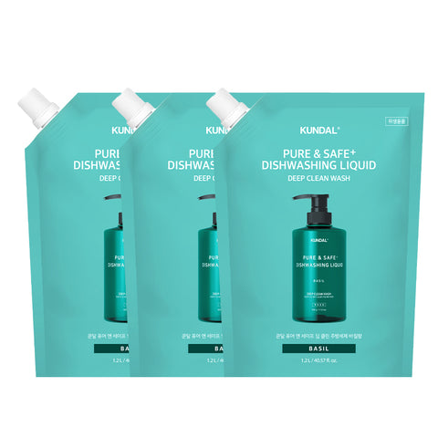Kundal Pure & Safe Deep Clean Dishwashing Liquid Set - 2 x 500g + 3 x 1.2L Refill (Basil)