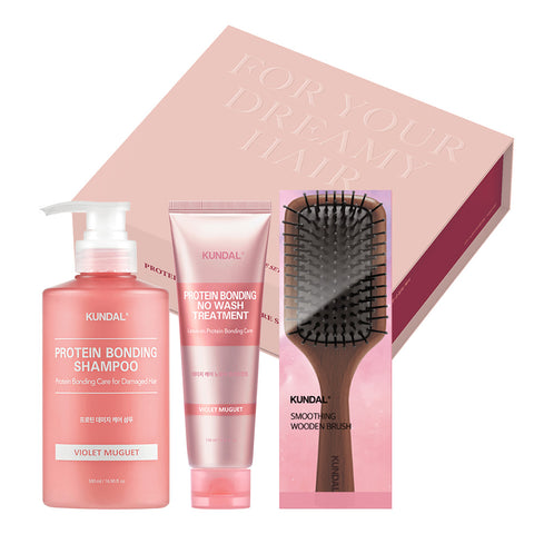 Kundal Protein Damage Care 3-Piece Set (Shampoo, No-Wash Treatment & Wooden Brush)