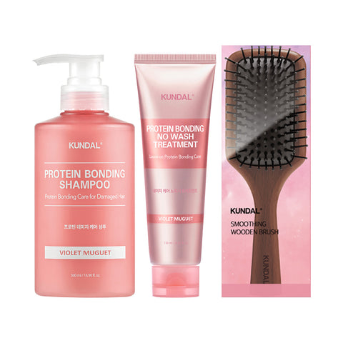 Kundal Protein Damage Care 3-Piece Set (Shampoo, No-Wash Treatment & Wooden Brush)