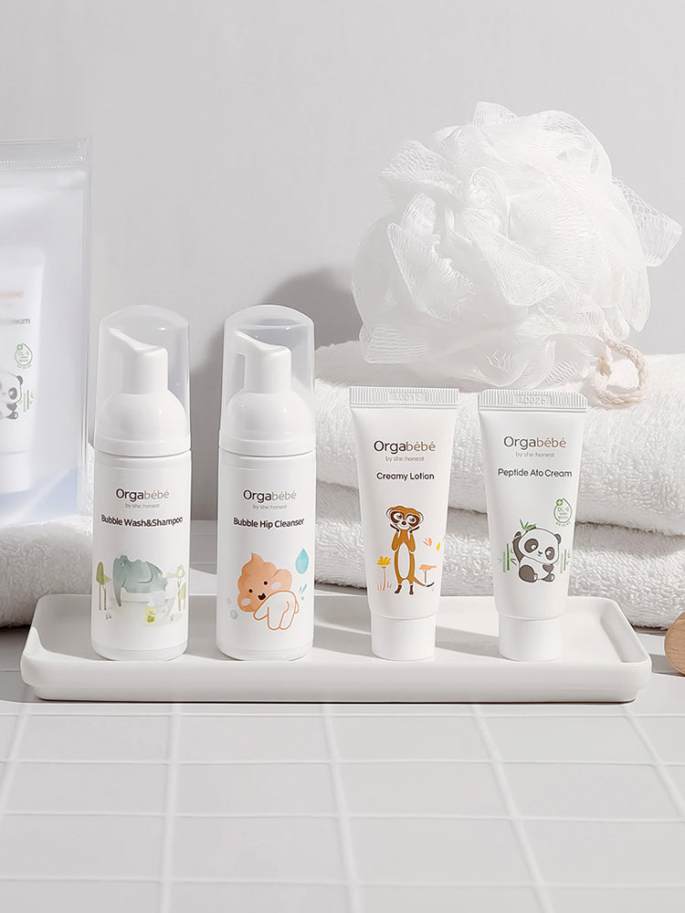 Orgabebe Baby Travel Skincare Kit - 4-Piece Travel Set (Body Wash, Hip Cleanser, Lotion, Cream)