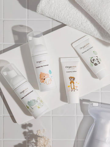 Orgabebe Baby Travel Skincare Kit - 4-Piece Travel Set (Body Wash, Hip Cleanser, Lotion, Cream)