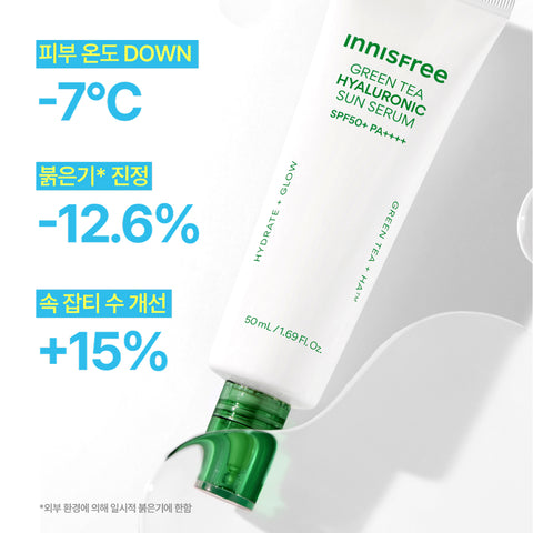 Innisfree Green Tea Hyaluronic Soothing Sun Serum SPF50+ PA++++ 50ml (2-Pack)