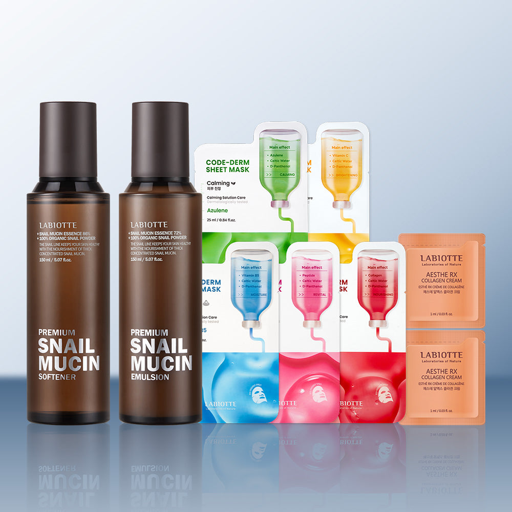 Labiotte Premium Snail Mucin Basic 2-Piece Set + Codederm Mask Pack (10 Sheets)