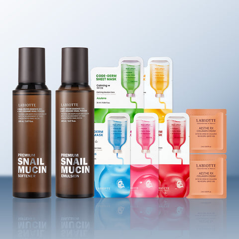 Labiotte Premium Snail Mucin Basic 2-Piece Set + Codederm Mask Pack (10 Sheets)