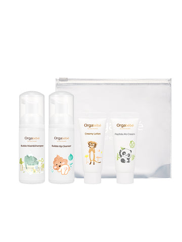 Orgabebe Baby Travel Skincare Kit - 4-Piece Travel Set (Body Wash, Hip Cleanser, Lotion, Cream)