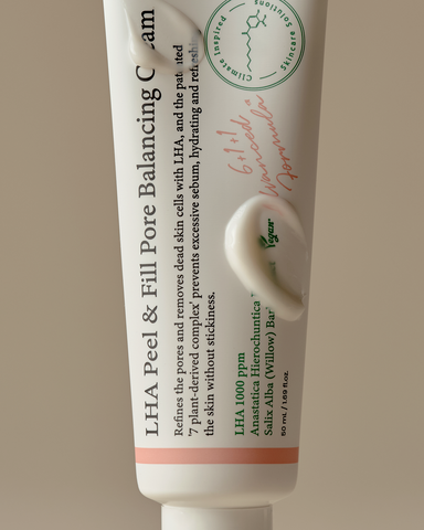 Tube of LHA Peel & Fill Pore Balancing Cream with branding on a beige background