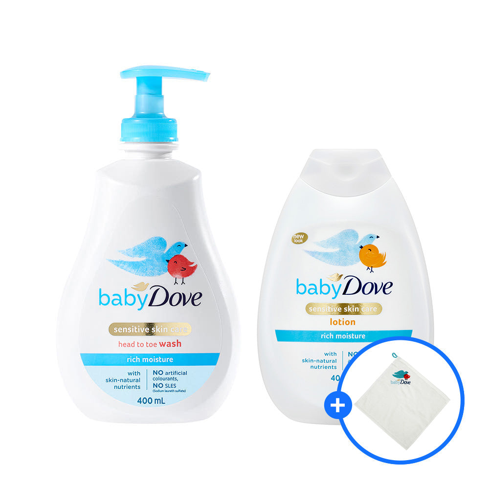 Baby Dove Top-to-Toe Body Wash Rich Moisture 400ml + Body Lotion Rich Moisture 400ml (Optional Dove Hand Towel)