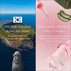 Product advertisement with a scenic view of Jeju Island and skincare ingredients on a pink background.