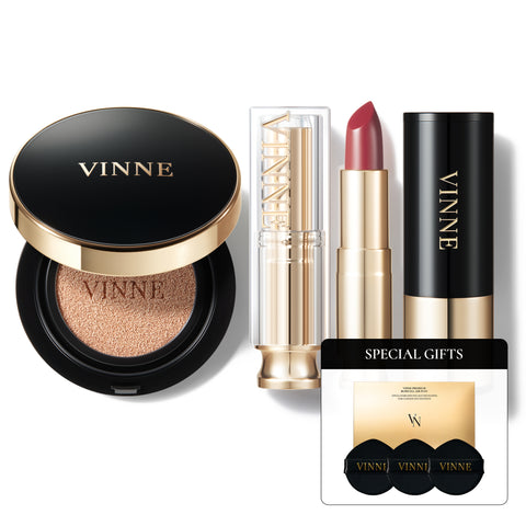 Vinne Flawless Radiance Makeup 3-Piece Set (Essence Glow Cushion SPF50+ PA++++, Plumping Glow Vegan Lip Balm, All-Cover Perfect Hair Cushion Stick)