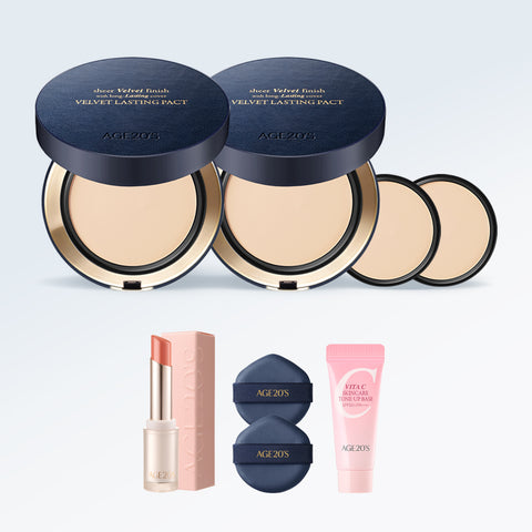 AGE20'S Velvet Lasting Pact 14g x2 + 14g Refills x2 (includes lip balm, 2 puffs, 6ml Tone-up Base)