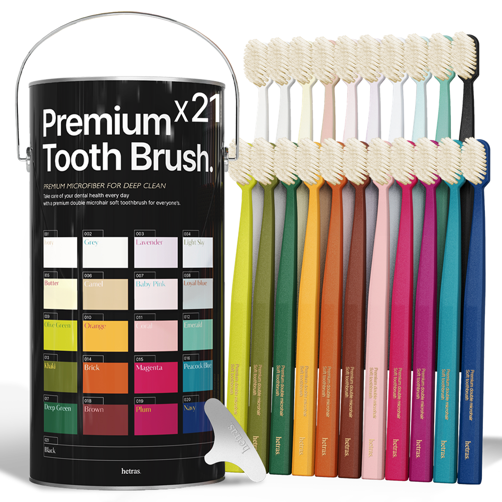 Hetras Premium Soft Dual-Filament Toothbrushes - 21 Pack with Tongue Cleaner & Brush Caps