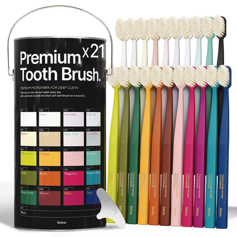 Hetras Premium Soft Dual-Filament Toothbrushes - 21 Pack with Tongue Cleaner & Brush Caps
