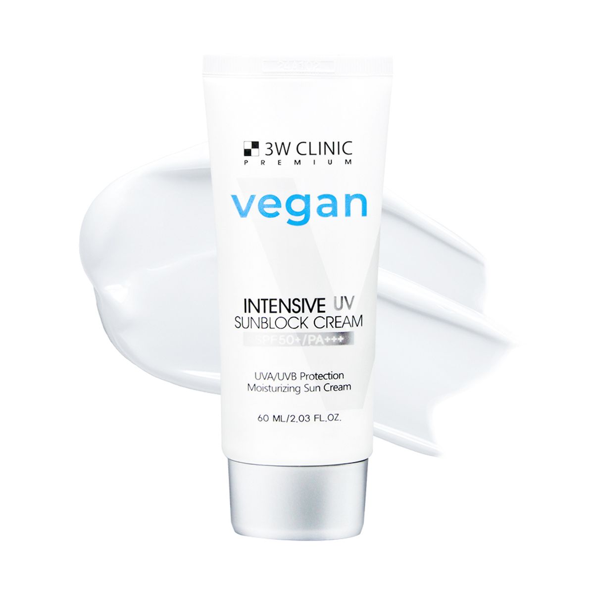 3W Clinic Intensive UV Sunblock Cream with vegan label on a white background