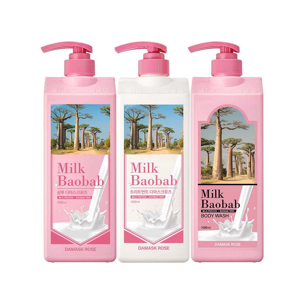 Milk Baobab Original Shampoo + Treatment + Body Wash, Damask Rose, 1L x 3