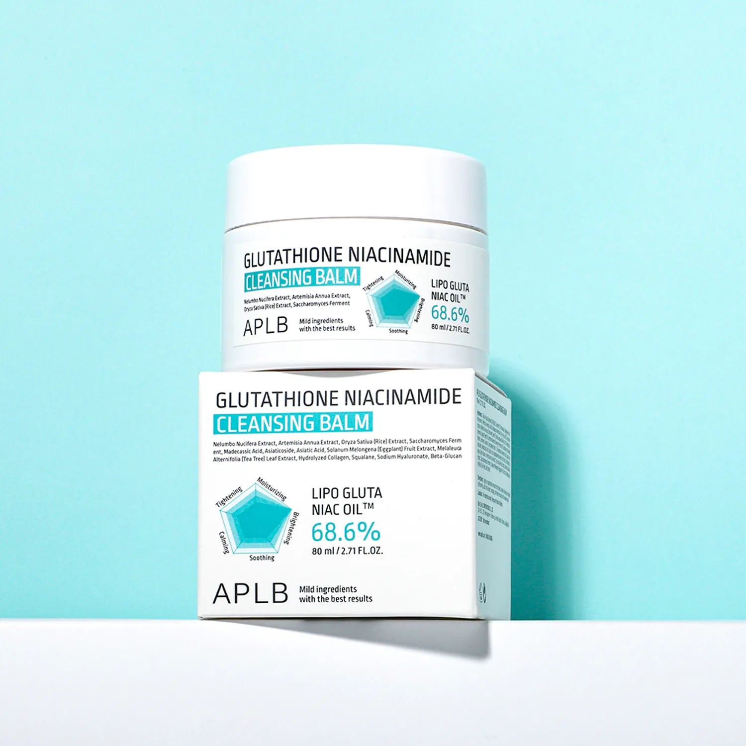 Cleansing balm with packaging on a light blue background