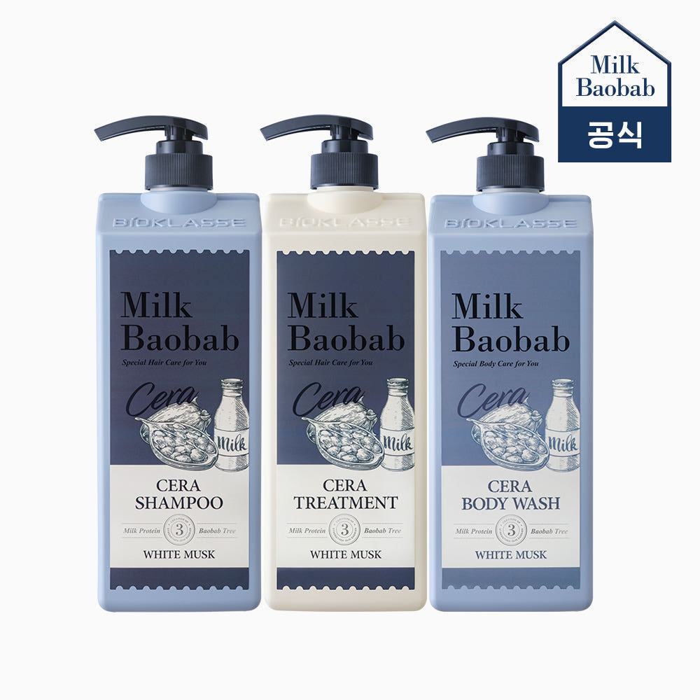 Milk Baobab Cera Shampoo + Treatment + Body Wash - White Musk, 1.2L x 3