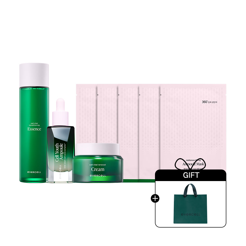 Evercell Cell Youth Ritual 3-Piece Anti-Aging Set + 5 Mask Sheets & Gift Bag (Ampoule Cream Essence)