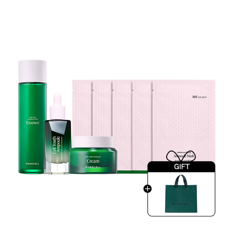 Evercell Cell Youth Ritual 3-Piece Anti-Aging Set + 5 Mask Sheets & Gift Bag (Ampoule Cream Essence)