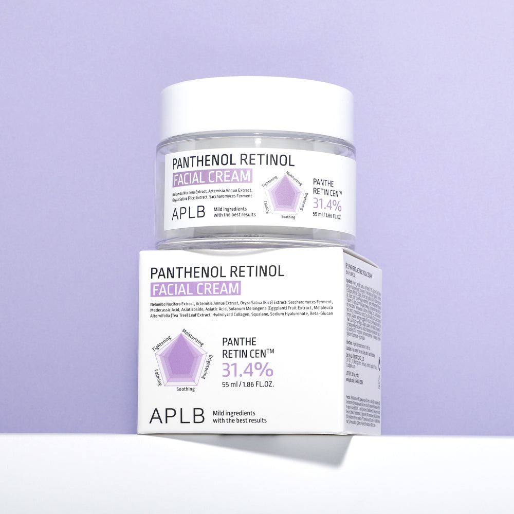 Panthenol Retinol Facial Cream by APLB with packaging on a light purple background