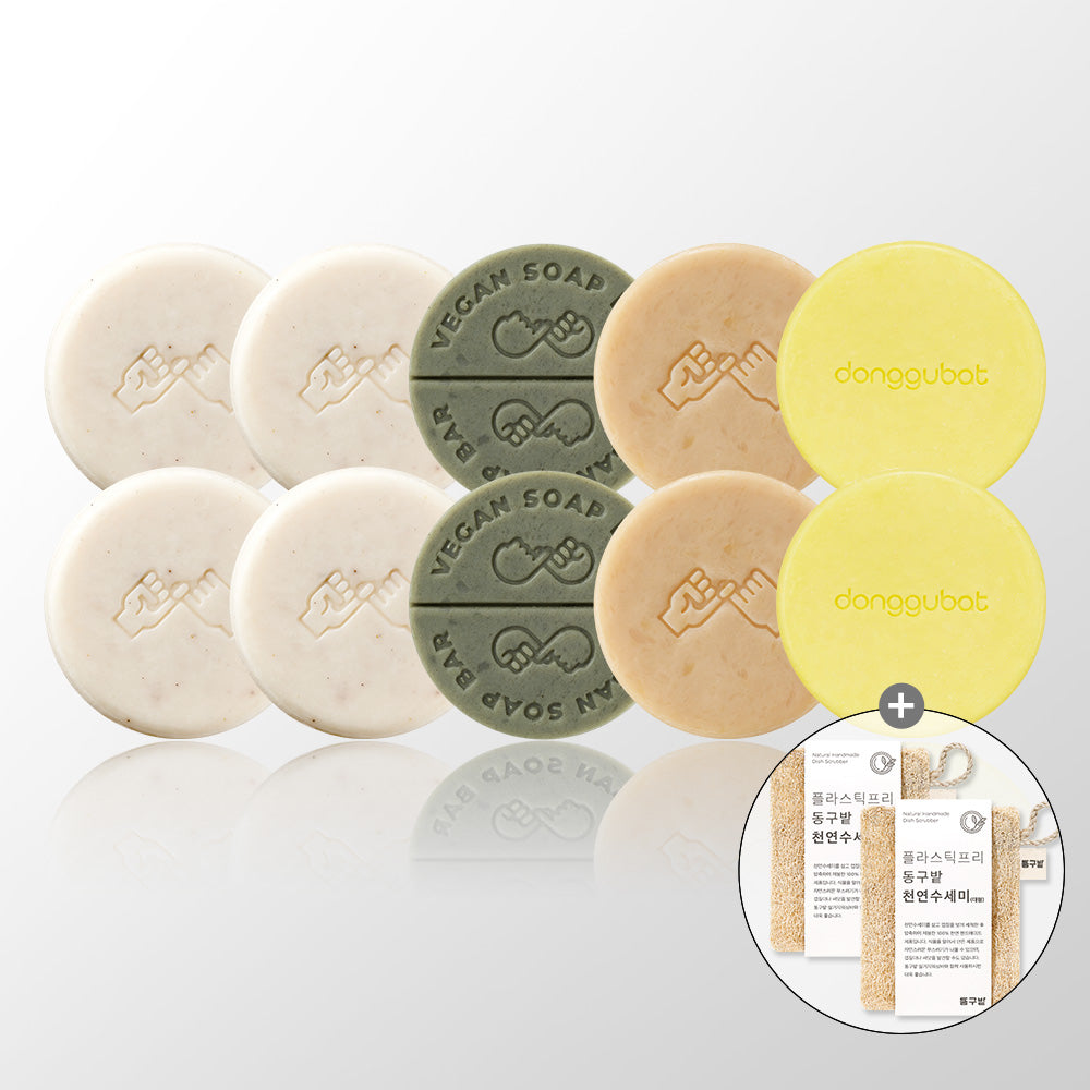 Donggubat Dishwashing Soap Starter Set (Washing Bars 150g x4; Footgyul 2, Capri 2, Vegan Green Tea 2) + 2 Large Natural Loofahs