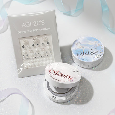 AGE20'S Glass Skin Essence Pact Soft Pearl Glow Edition 12.5g - Full 2 + Refill 2 (Includes Lip Balm, 2 Puffs, Jewel Stickers, Tone-Up Base 6ml)