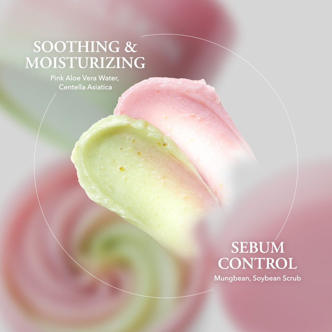 Pink and green skincare product with text on a blurred background