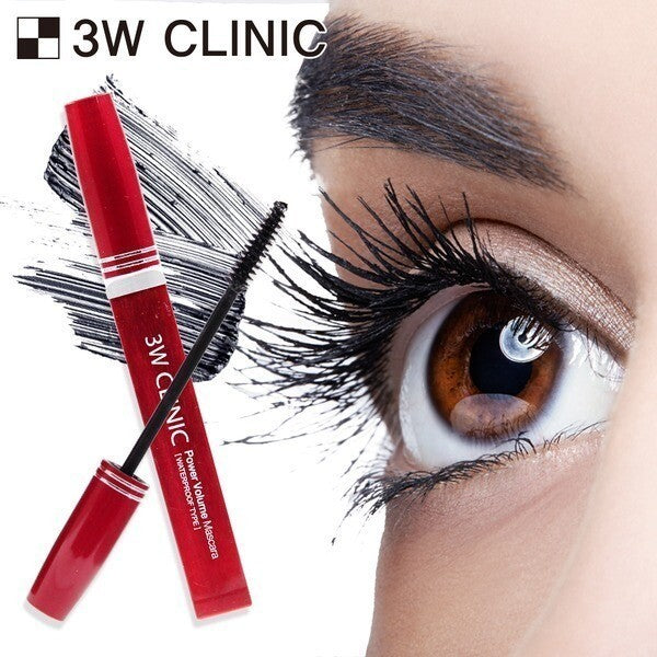 Red mascara with '3W Clinic' branding next to an eye with long lashes