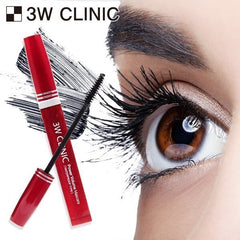 Red mascara with '3W Clinic' branding next to an eye with long lashes