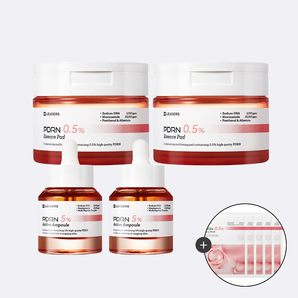 Leaders PDRN 5% Active Ampoule 30ml x2 + PDRN 0.5% Essence Pads 70 sheets x2, 4-Piece Set (Includes 5 PDRN Lifting Masks)