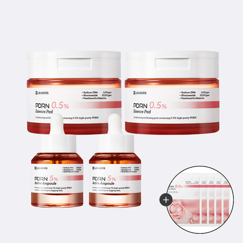 Leaders PDRN 5% Active Ampoule 30ml x2 + PDRN 0.5% Essence Pads 70 sheets x2, 4-Piece Set (Includes 5 PDRN Lifting Masks)