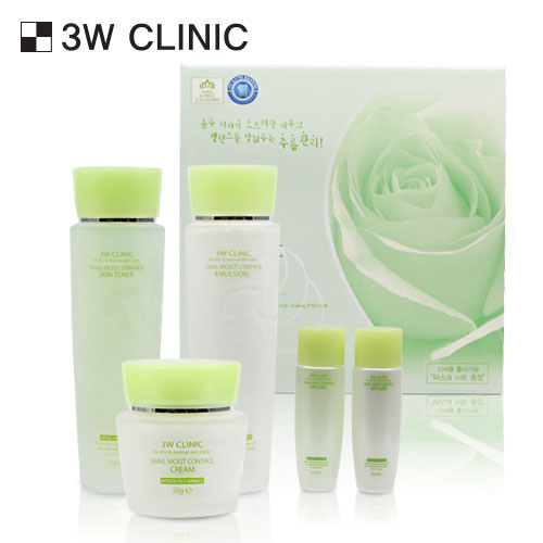 Skincare products with green and white packaging featuring 3W Clinic branding.