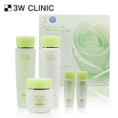 Skincare products with green and white packaging featuring 3W Clinic branding.