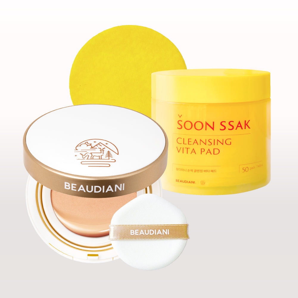 Beaudiani Mesh Glow Up Cushion Set Luminous Cushion SPF50+ 12g + pH-Balanced Cleansing Pads 50 pcs