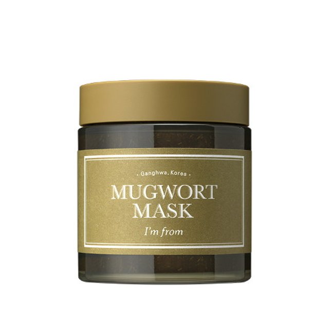 Mugwort mask jar with gold lid and label on a white background