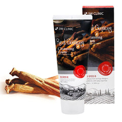 3W Clinic Red Ginseng Cleansing Foam with packaging and ginseng roots on a white background
