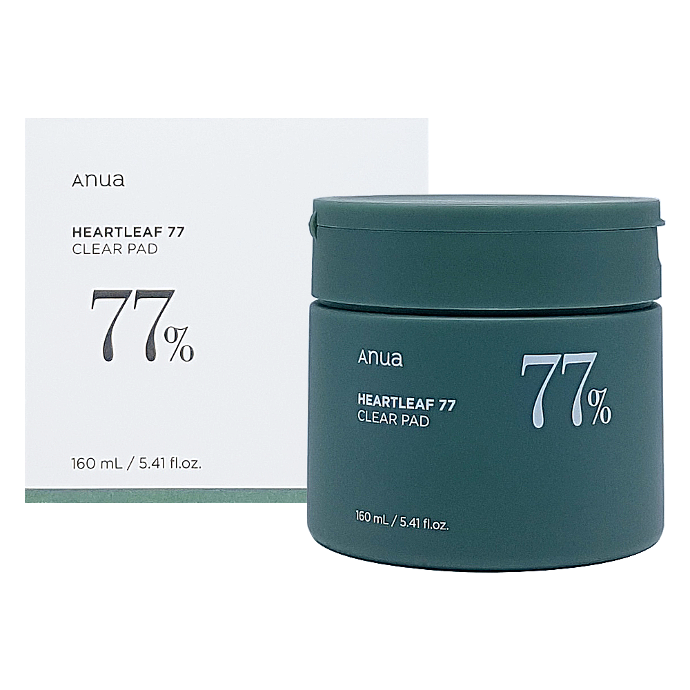 Anua Heartleaf 77 clear pad packaging with green jar and white box on a white background
