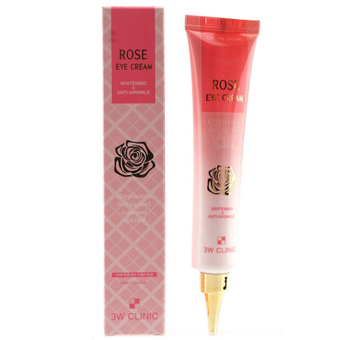 Rose eye cream tube and packaging with 3W Clinic branding on a white background