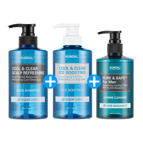 Kundal Cool Shampoo 500ml + Cool Body Wash 500ml (Aqua Mint) + Men's Cleanser 300ml Set