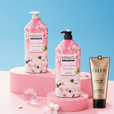 Kerasys Dear Flora Cherry Blossom 1.5L x2 (Shampoo + Conditioner) + Oilex Shampoo 60ml