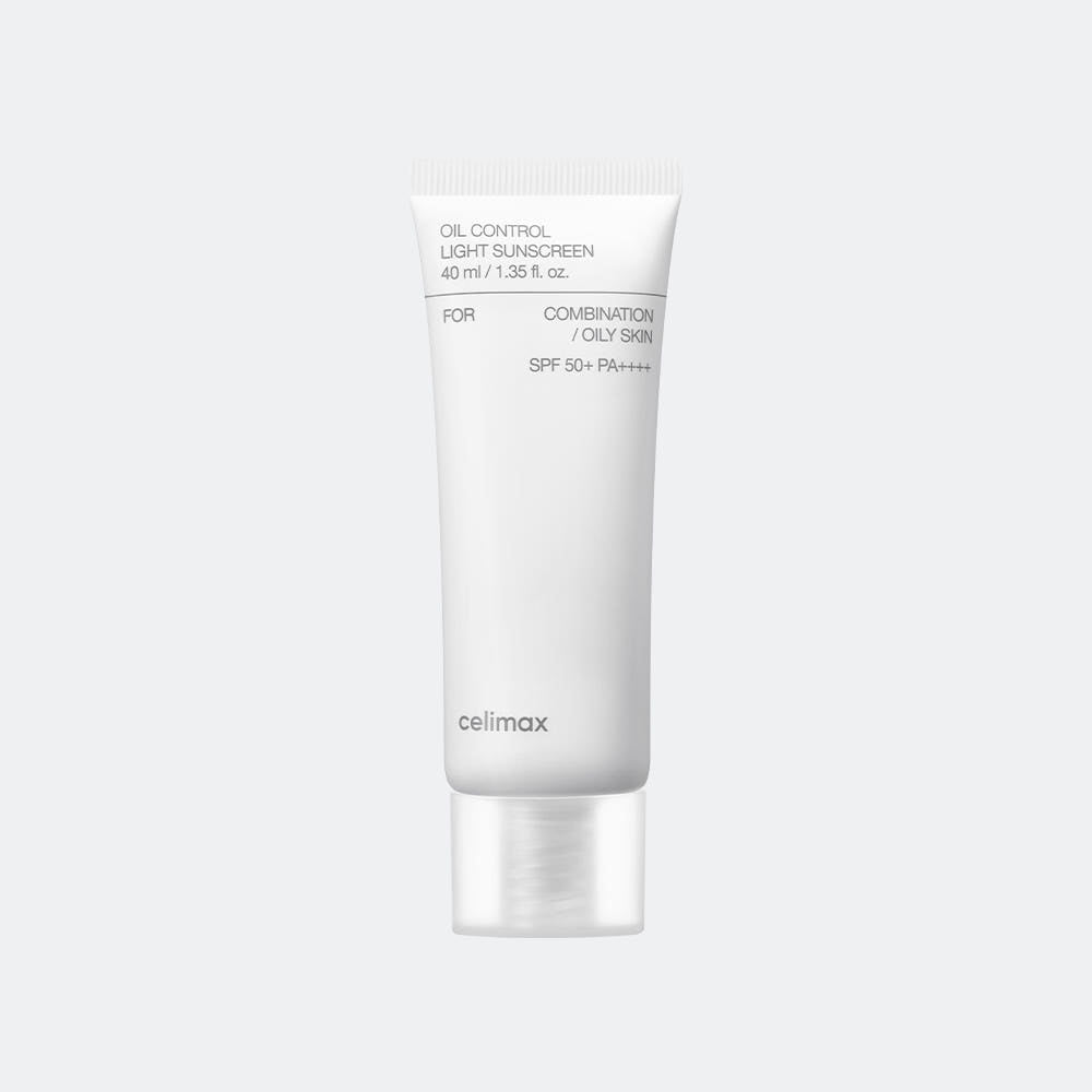 Tube of oil control light sunscreen for combination/oily skin on a white background