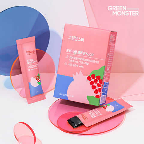 Green Monster Inner Beauty Premium Pomegranate Collagen 5000 15 Sticks x 2 (Low-Molecular Fish Collagen Jelly Stick)