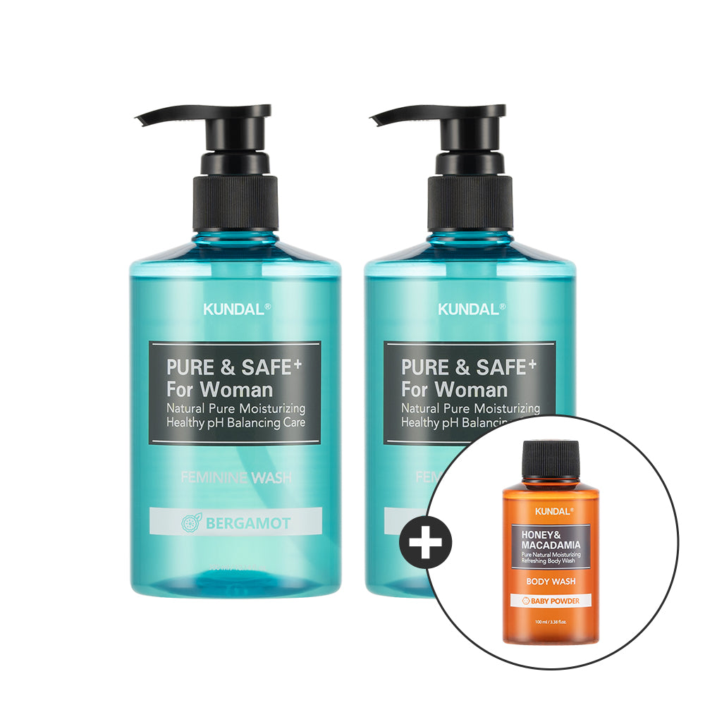 Kundal Pure & Safe Feminine Cleanser 300ml (Bergamot) - 2 pcs + Body Wash 100ml - 1 pc