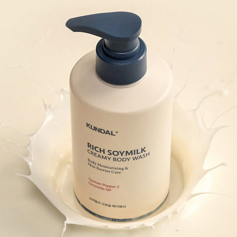 Kundal Rich Soy Milk Creamy Body Wash Mellow Vanilla 500ml (2 Pack) with Shower Puff